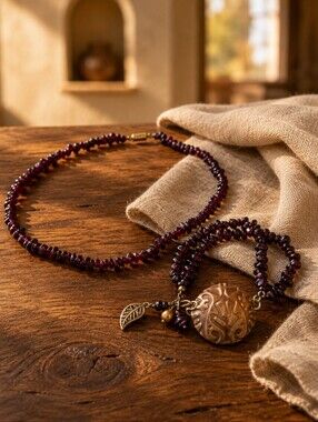 Vintage Garnet Nugget Necklace Bracelet Set Copper Medallion Boho Artisan